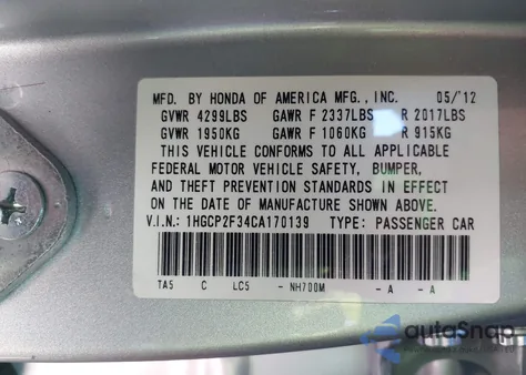 2012 Honda Accord 2.4 Lx из США, поврежденный, VIN 1HGCP2F34CA170139